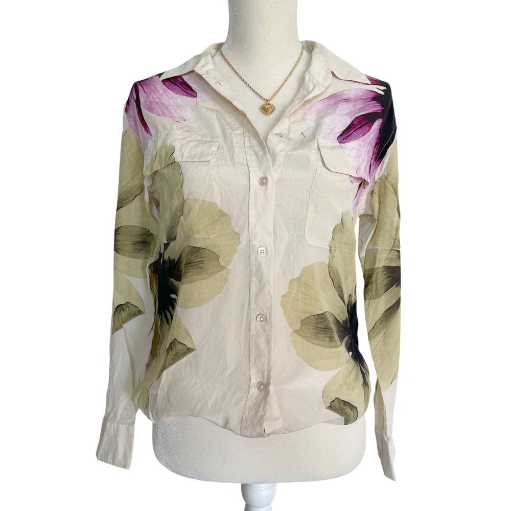 Equipment Womens Cream Floral Silk‎ Button Blouse XS Minimalist Office Designer